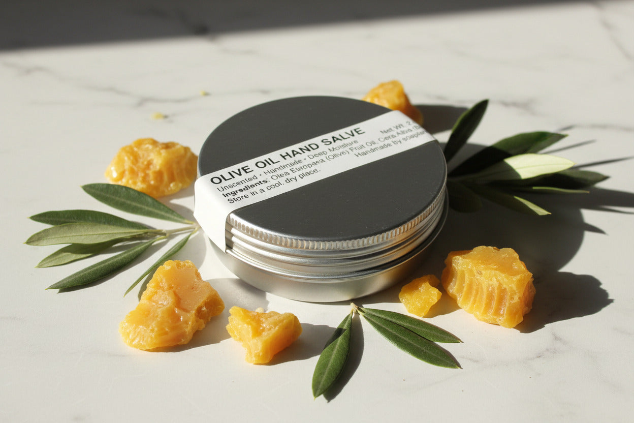 Silver tin of olive oil hand salve with label 